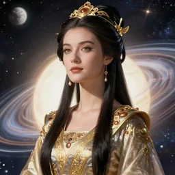 portrait of the powerful empress of the solar system in the style of charlie bowater and in the style of luis royo. glowing, ornate and intricate linework, sharp focus, depth of field, stunning, dynamic lighting, ultrafine and hyperdetailed.