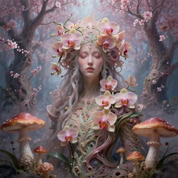 psychedelic organic shaman made of orchids and cherry blossom trees and mushrooms, diffuse lighting, fantasy, intricate, enlightened, highly detailed, lifelike, photorealistic, digital painting, artstation, girl, concept art, smooth, sharp focus, by john collier and albert aublet and krenz cushart