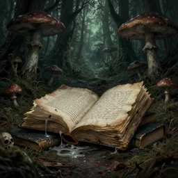 a creepy forest of books. melting and moldering books. dark toxic mushroom forest. demonic writing. decay and death. style of lovecraft. horror concept art.