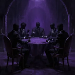 HD render of shadow figures in suits sitting around a table in an occultic lair scheming and plotting, Ultra realistic digital art painting trending on artstation, photo realistic, black and purple colour scheme