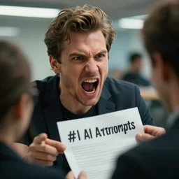 close-up cinematic artwork of Aggressive European man shouting at employees asking for AI Art prompts, Greg Rutkowski, 4k, masterpiece