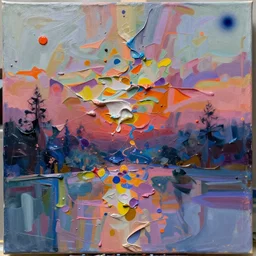 canvas with raises paint textures, splash of paint down center, abstract, acrylic, applied thick, paint smeared with palette knife, blotch of spray paint in corner, trichromatic colors