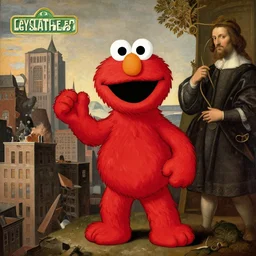 A religious illustration of Elmo from sesame street being depicted as a kaiju destroying the city painted by Michelangelo and Rembrandt