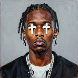 a hiphop painting of a rapper with crosses for eyes