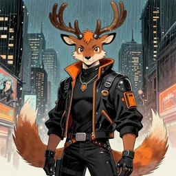 award winning beautiful portrait commission of a male furry anthro Black Reindeer fursona with a tail, wings and a cute beautiful attractive detailed furry face wearing stylish black and orange cyberpunk clothes in a cyberpunk city at night while it rains. Character design by charlie bowater, ross tran, artgerm, and makoto shinkai, detailed, inked, western comic book art