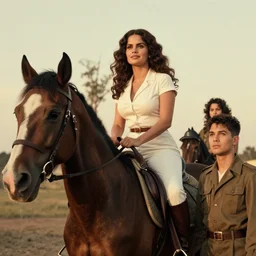 wwii era pinup portrait of salma hayek on horseback, golden hour refracting light by ian pesty rocha murakami and ruan jia muted colors, old photo