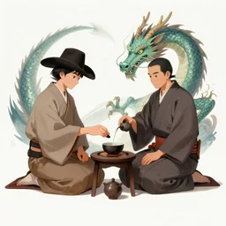 Japanese tea ceremony between a cowboy and a dragon, fantasy concept art by Mark Winters