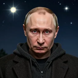 putin as homeless man, polaris, the north star, the pole star, evil and monstrous, winking hideously like an insane watching eye which strives to convey some strange message, yet recalls nothing save that it once had a message to convey, artstation, artgerm, 8 k, highly detailed, by hieronymus bosch