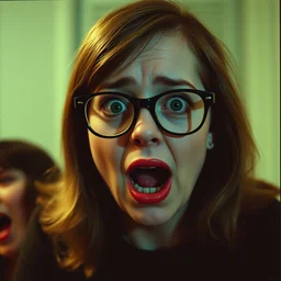 todd solondz stars in the tenant by roman polanski and possession by andrzej zulawski, glasses, scared, screaming and crying, red lipstick, seventies film, cinemaic, dramatic, soft light