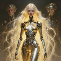 gold and silver tones, cybernetic princess, style of moebius, james jean, mcbess, long glowing ethereal hair, cinematic, highly detailed, award winning