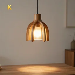 a lamp made from wood hanging over a table, hyperrealstic, 8 k