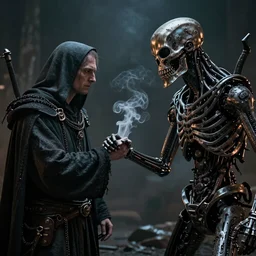 apocalyptic, amagician shaking the hand of the terminator. they are best friends. smoke. volumetric lighting, sharp focus, ultra detailed, cgsociety - w 1 0 2 4 - n 8 - i