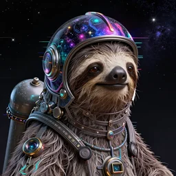 portrait of a sloth, celestial. intricate abstract. cyberpunk, vhs glitch. glorious cosmic helmet. intricate artwork. immaculate. holy. empty oxygen tank. by  wlop, Antoine Collignon, dan mumford. octane render, CGSociety, dan witz very coherent symmetrical artwork. cinematic, hyper realism, high detail, octane render, 8k, iridescent accents, deep color