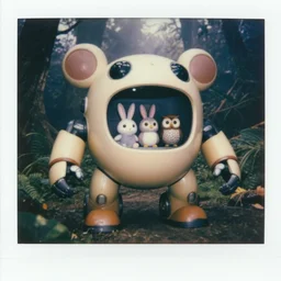 oversized battle toad robot chubby fatmech trailer wheels vehicle with big ears! with rabbit! and owl! sitting inside, in jungle forest peak, full body, nighttime, cinematic focus, polaroid photo, vintage, neutral dull colors, soft lights, foggy, overcast by oleg oprisco, by thomas peschak, by discovery channel, by victor enrich, by gregory crewdson