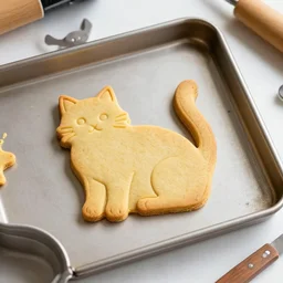 gingerbread cookie shaped like a cat on a baking pan, dslr, photography