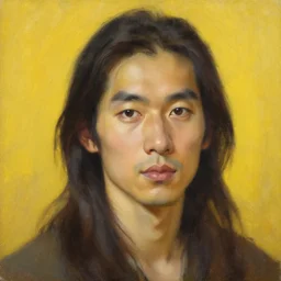 detailed oil painting, beautiful asian man with long hair, beautiful face, yellow background, medium portrait, by ferenc pinter