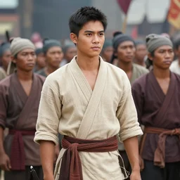 beautiful and handsome philippine's drama stars dress as tai people in crowded battlefield. traditional cotton costume.