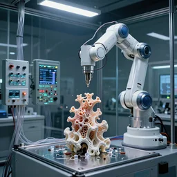 a complex thick bifurcated robotic cnc surgical arm cybernetic symbiosis hybrid mri 3 d printer machine making some organic ceramic fractal forms in a glass living room laboratory room with control panels, glass data cables, broken open hive mind, knobs, camera lens orbs, dramatic 3 point lighting, sci - fi, intricate, elegant, highly detailed,