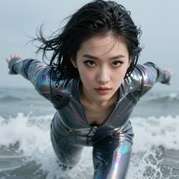 rolling, crashing waves, youthful asian blade runner demure, ultra realistic, 3 5 mm, exquisite features, feminine cut, pris mascara, highly detailed moist complexion, holographic frontiers in flight leather suit, detailed face, 8 k, misty, stephane sednaoui, ultra realistic, id magazine photoshoot