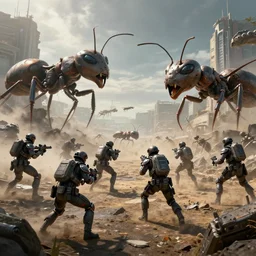futuristic soldiers are in an epic battle against giant ants