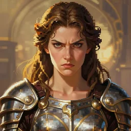 The Godess Hera looking angry, detailed armor, portrait, pixel art, digital painting, artstation, concept art, smooth, sharp focus, beautiful face, symmetric face, cinematic, videogame cover art, illustration, by Artgerm and Greg Rutkowski and Alphonse Mucha