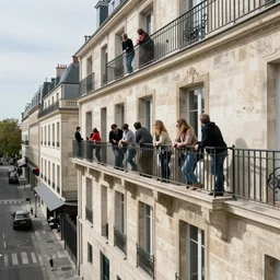 by ben hatke, by clemens ascher, by martin deschambault corinthian architecture evocative. a conceptual art of a group of people on a balcony, looking down at a street scene below. the conceptual art is set in the rue des petits augustins, a street in paris's left bank district.