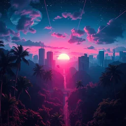 landscape by ludwig mies van der rohe, neon noir magic realism at dusk sci - fi futuristic fisheye alien rainforest laser morning sun at summer hyperrealism liberty city fantasy retrowave synthwave vaporwave bladerunner 2 0 4 9 tokyo tron nature nightsky, archdaily, wallpaper, highly detailed, trending on artstation.