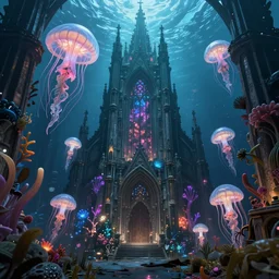 high quality photo of cinematic underwater dystopian neo - gothic cathedral ruins with giant luminescent colorful aquatic plants and jellyfish, digital art masterpiece, aykut aydogdu eric zener, dramatic volumetric light, long shot, ground angle uhd 8 k, sharp focus