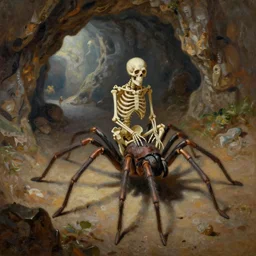 a human skeleton, riding a giant spider, inside a cave, oil painting