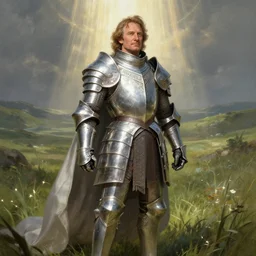 robin williams dressed as a uther the lightbringer, d & d, fantasy, intricate, elegant, highly detailed, digital painting, artstation, matte, sharp focus, illustration, shining plate armor, god rays, rolling grassy field in the background, art by john collier and albert aublet and krenz cushart and artem demura and alphonse mucha