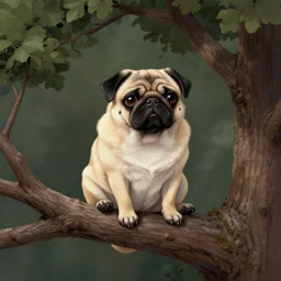 a lovecraftian pug monster | sitting in a tree on a branch | the branch has 1 2 green leaves | illustration, very detailed, pen, ink and watercolors, drawn by brian bolland