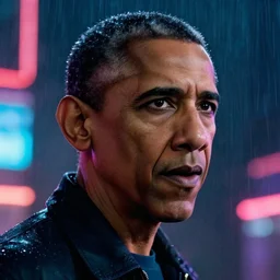 Barack Obama close up film still from Blade Runner 2049, beautiful lighting, raining, neon lights, cinematic depth, ultra sharp