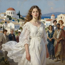 painting of a krysten ritter, white flowing lace linen with a greek town in the background by yoji shinkawa frank frazetta, charlie bowater, magali villeneuve, j. c. leyendecker, ray - traced lighting, ultra realistic, detailed,
