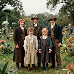 sharp, highly detailed, 43456k film, 178800mm film still from a sci fi blockbuster color movie made in 2019, set in 1860, of a family standing in a park, next to some strange alien plants and flowers, on an alien planet, the family are all wearing 1860s era clothes, good lighting, ultra high definition, ultra enhanced faces, in focus, 35mm macro lens