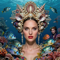 a portrait render of Natalie Portman between fish and coral reef who has baroque dramatic headdress with intricate fractals of shellfish and pearls,by tom bagshaw and Agnieszka Lorek and Visarute Angkatavanich and aaron horkey and peter gric,trending on pinterest,rococo,hyperreal,maximalist,glittering,feminine