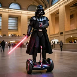a photorealistic photograph showing darth vader riding a segway hoverboard through grand central station as he swings a red lightsaber. illuminated scene. fine detail. this 4 k hd image is trending on artstation, featured on behance, well - rendered, extra crisp, features intricate detail, epic composition and the style of unreal engine.