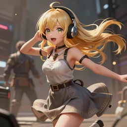 Very complicated dynamic composition, realistic anime style at Pixiv CGSociety by WLOP, ilya kuvshinov, krenz cushart, Greg Rutkowski, trending on artstation. Zbrush sculpt colored, Octane render in Maya and Houdini VFX, cute young blonde girl in motion, she expressing joy, wearing dress, headphones, silky hair, stunning deep eyes. In cityscape. Very expressive and inspirational. Amazing textured brush strokes. Cinematic dramatic atmosphere, soft volumetric studio lighting.