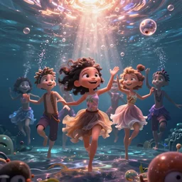 a bunch of people dancing underwater, pixar illumination studios animated movie, extremely joyful and eerie smiles, slimy fluid liquid blobs