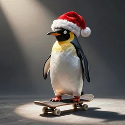 penguin in santa hat on skateboard