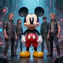 a group of people standing around a mickey mouse, cyberpunk art by rube goldberg, cgsociety, nuclear art, dystopian art, reimagined by industrial light and magic, concept art
