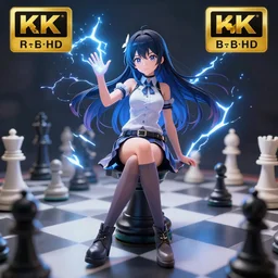 an anime girl sitting on giant chessboard and using lightning magic, draw by belko, unreal rendering, 8 k uhd