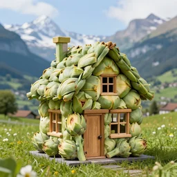a house made entirely out of artichoke, all textures, and design are artichoke. switzerland landscape in the background