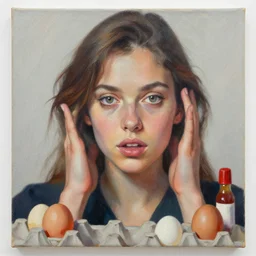 portrait of a conundrum, eggs on canvas, condiments trending on artstation