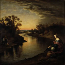 renaissance era classical painting of river at dusk, during middle ages, dark tones, oil painting