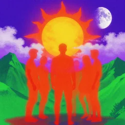 a vaporwave render of an infared scheme of orange and red mirroring the shape of the people, sun, and moon in the sky, backed by green mountains alongside purple and white cloud, by weta digital, by weta fx, graphic novel, spray paint, hyperspectral imaging, technicolor