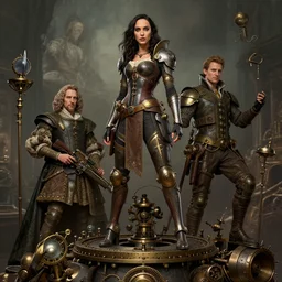highly detailed steampunk gal gadot standing on a mechanism : leonardo da vinci, greg rutkowski, magali villeneuve