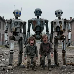 the most creepy family photo of robots, 200mm lens, post apocalyptic, sadness, depression, screaming, crying, auschwitz camp