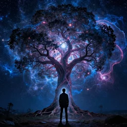 a human man standing next to a cosmic tree, a sense of awe, amazement, monogon, plasma display, damascus, morph, in a symbolic and meaningful style