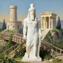 Atlantis zeus statue and hill valley grec greeble temple of olympus glory island  little wood bridge painting of tower  ivy plant   in marble incrusted by Jose Daniel Cabrera Pena and Leonid Kozienko, concept art by Tooth Wu and wlop and beeple and dan mumford and greg rutkowski and nekroxiii. octane render, cinematic volume light, hyper realism, octane render, 8k instagram filter yellow