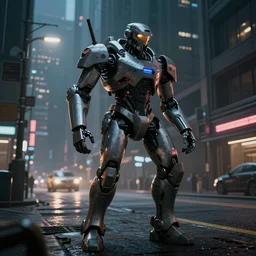 a cyberpunk war robot patrolling streets in a dystopian metropolis at night